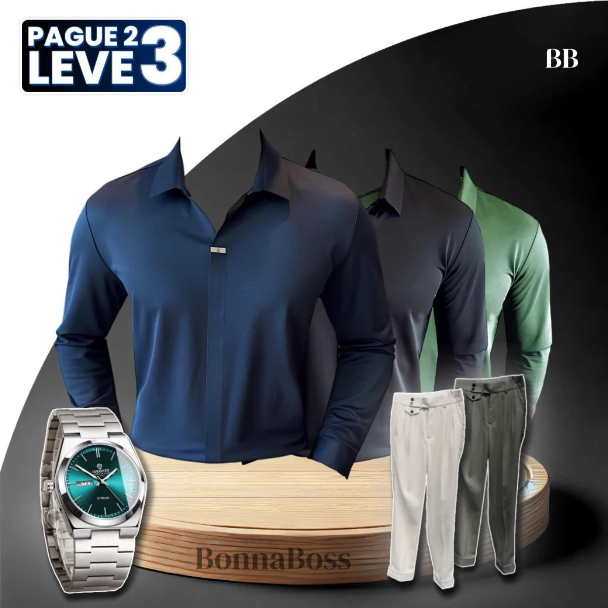 [Pague 2, Leve 3] Kit de Camisas Polo Domiran em Seda Gelo e Poliéster + BRINDES: Relógio e 2 Calças Ajustáveis