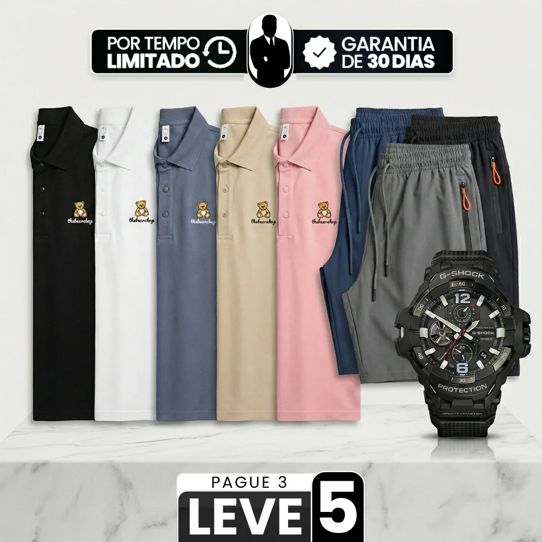 [Pague Só 3, Leve 5!] Polo Ursus Masculina em Malha Piquet (Algodão e Poliéster) com Acabamento Reforçado e Logo Bordado + 3 Bermudas e Relógio